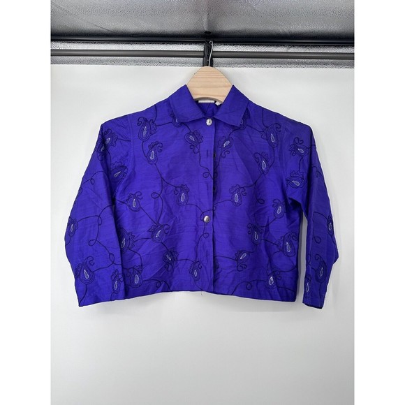 Vintage Chicos Cardigan Silk 1 Medium Blue Embroidered Lightweight Shell  Button - Picture 2 of 9